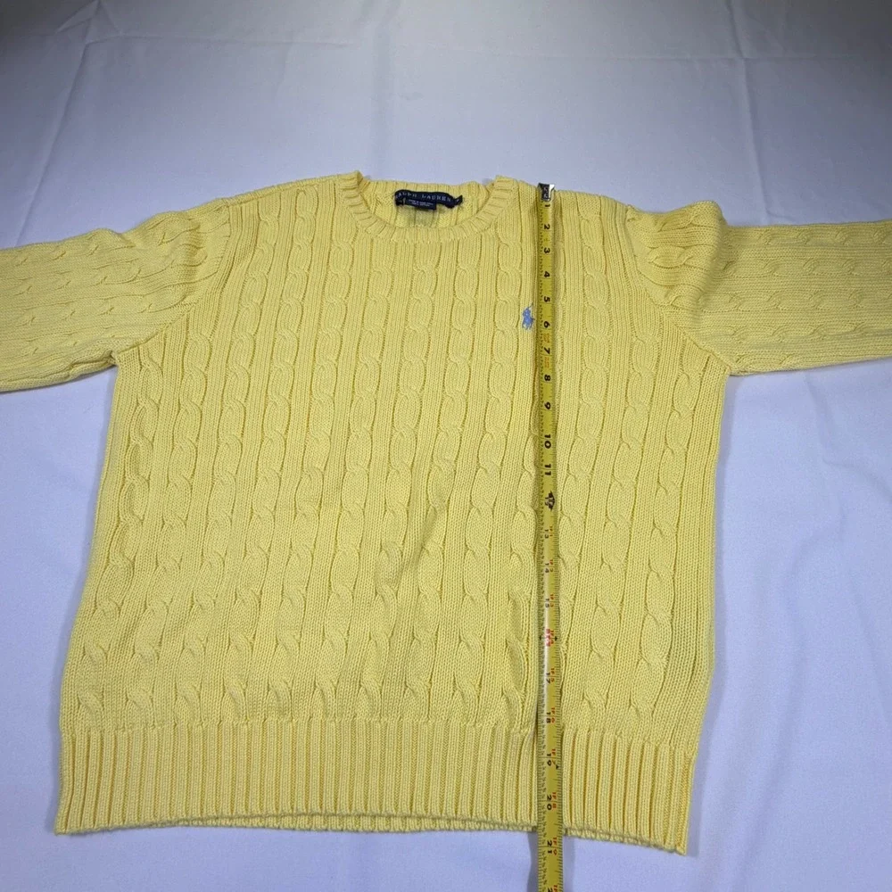 Ralph Lauren Yellow Cable Knit Cotton Sweater XL Blue Pony Crew Neck Long Sleeve